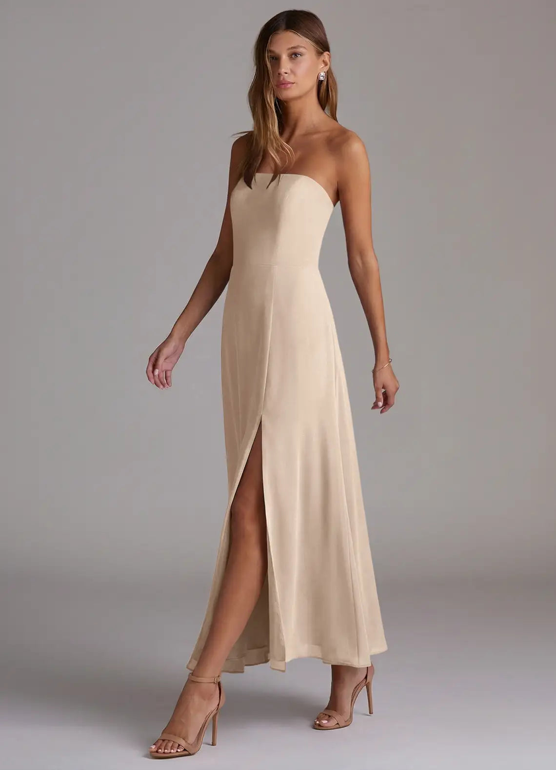 Strapless Chiffon Bridesmaid Dress with Ankle-Length Skirt and High Front Slit