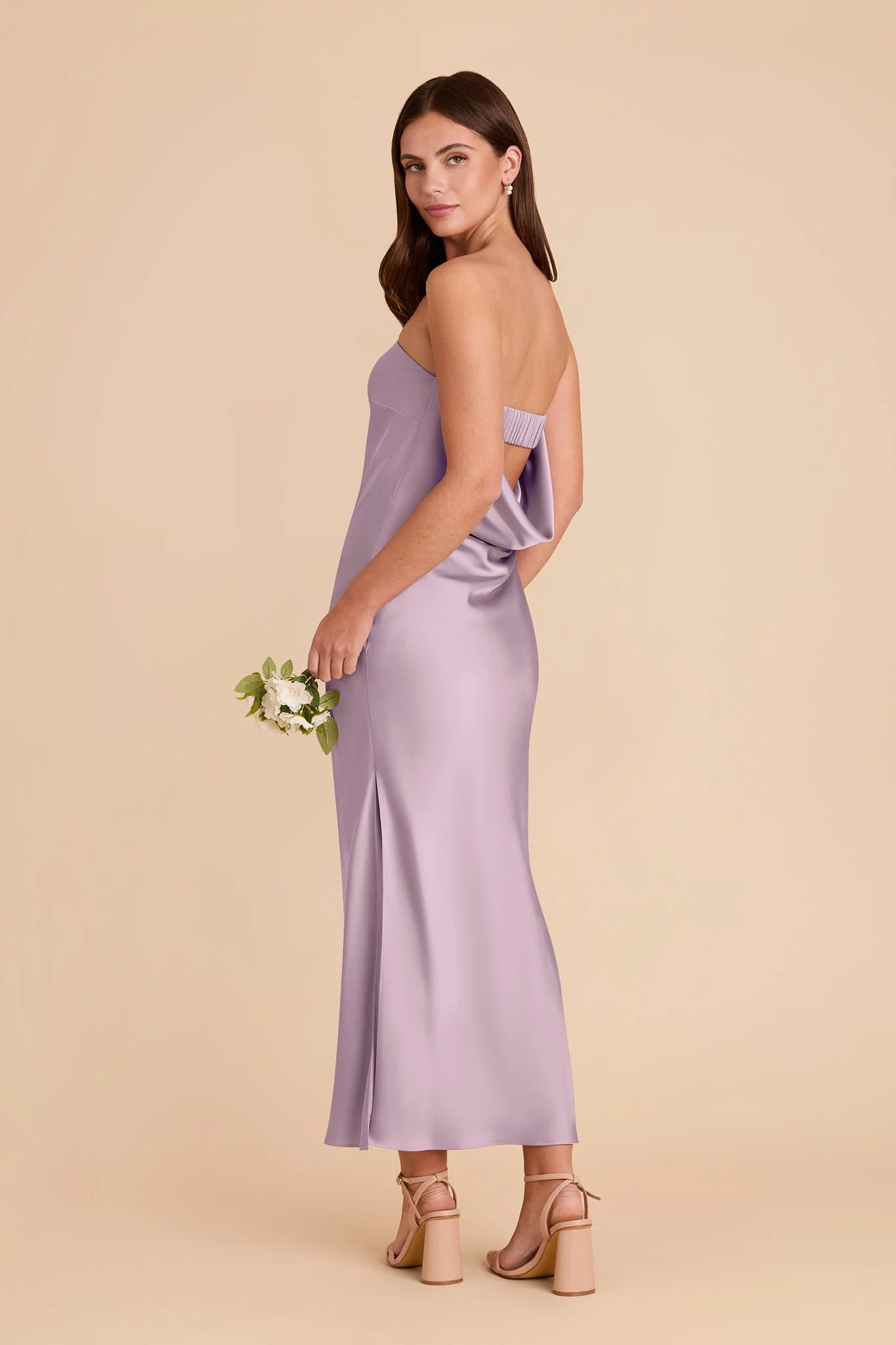 Strapless Draped Cowl Back Satin Bridesmaid Dress High Slit Midi Tea Length Formal Wedding Guest Party Gown