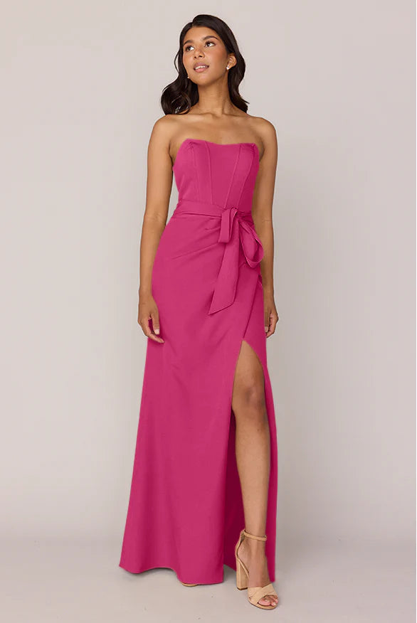 Strapless Satin Bridesmaid Dresses with Corset Bodice, Waist Sash Detail and High Slit Formal Gown