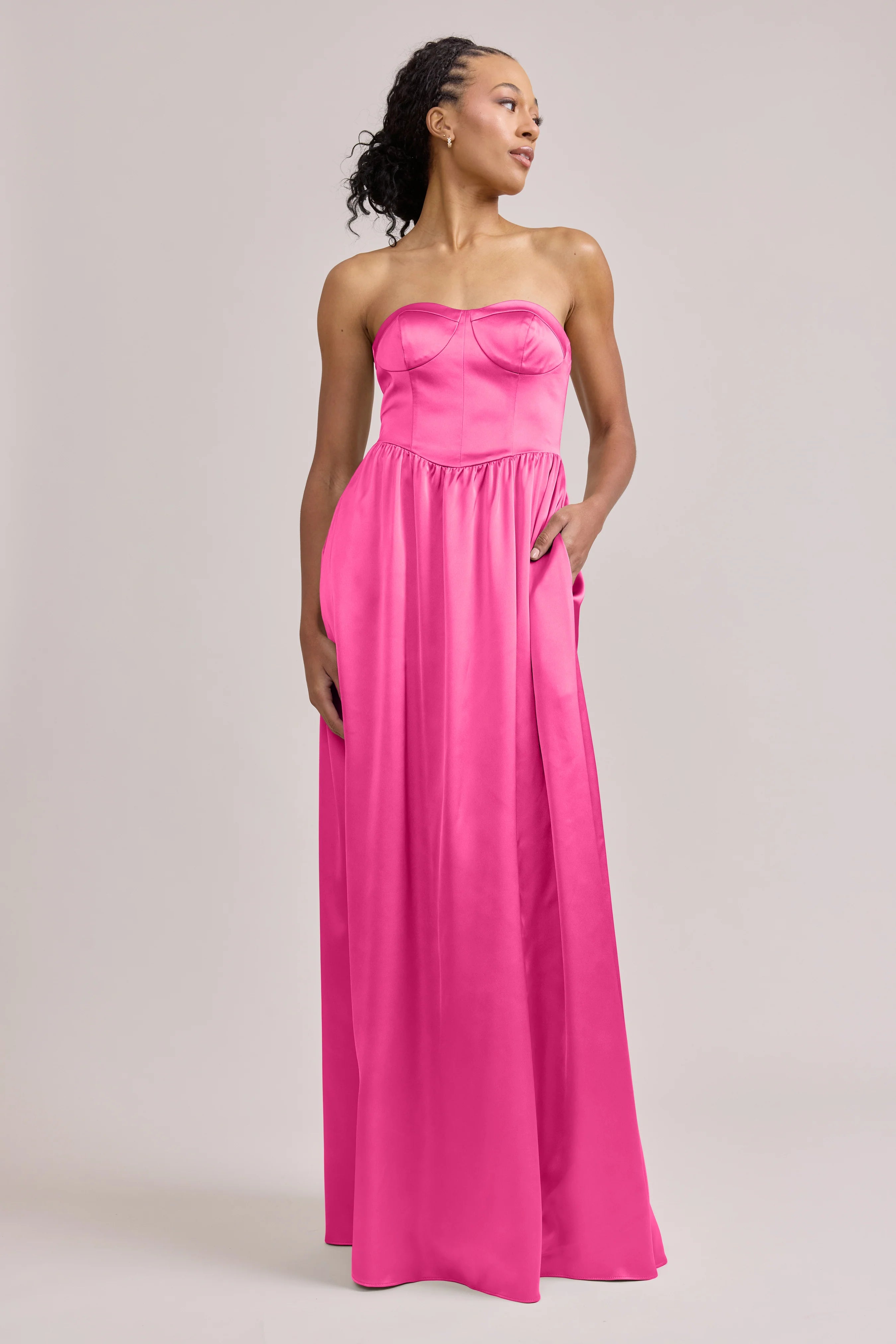 Strapless Satin Bridesmaid Dresses with Corset Lace-Up Back, Side Pockets and Convertible High Slit Formal Gown