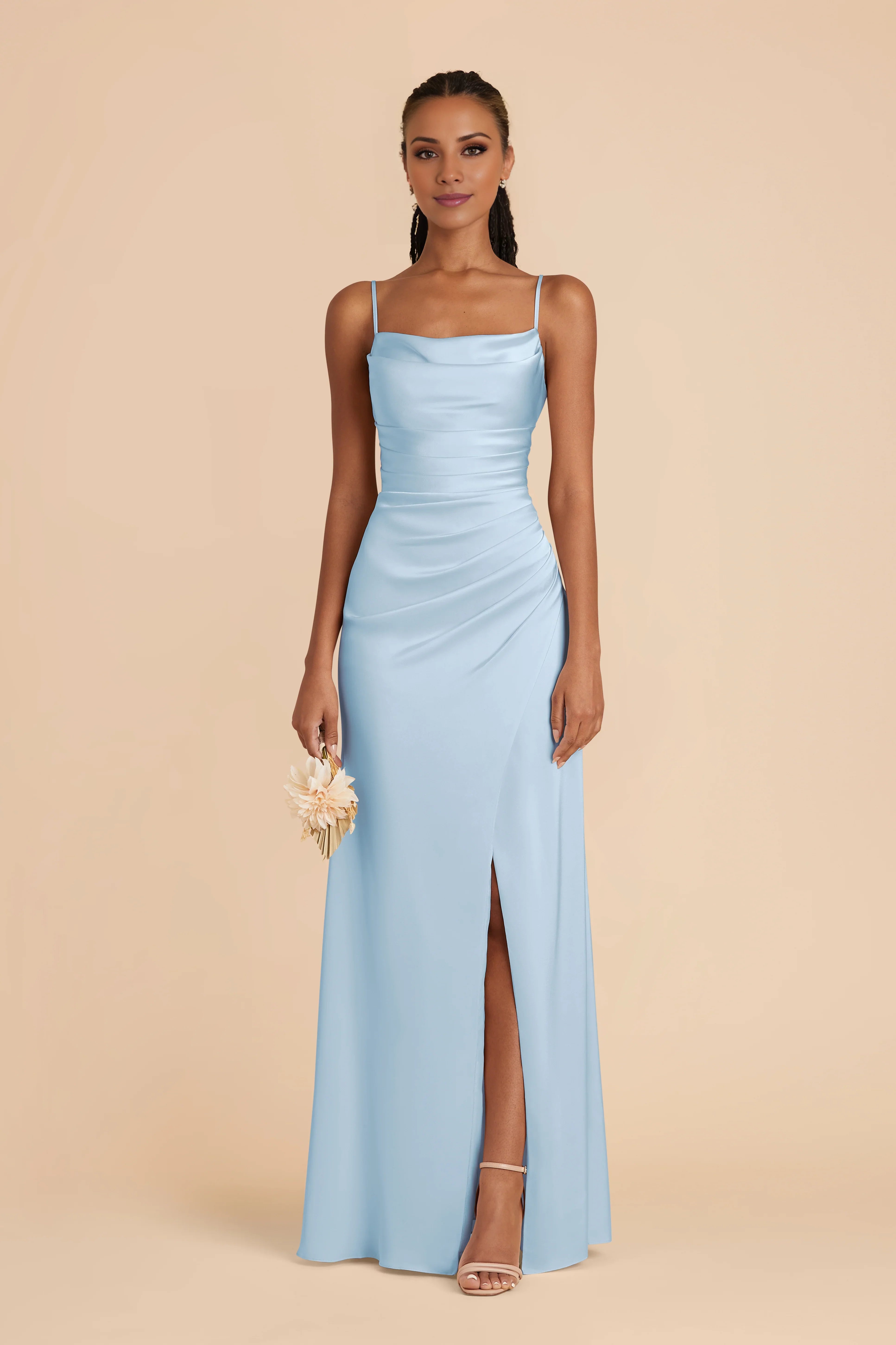 Streamlined Square Neck Sky Blue Sleeveless Satin Ruched Maxi Bridesmaid  Dress