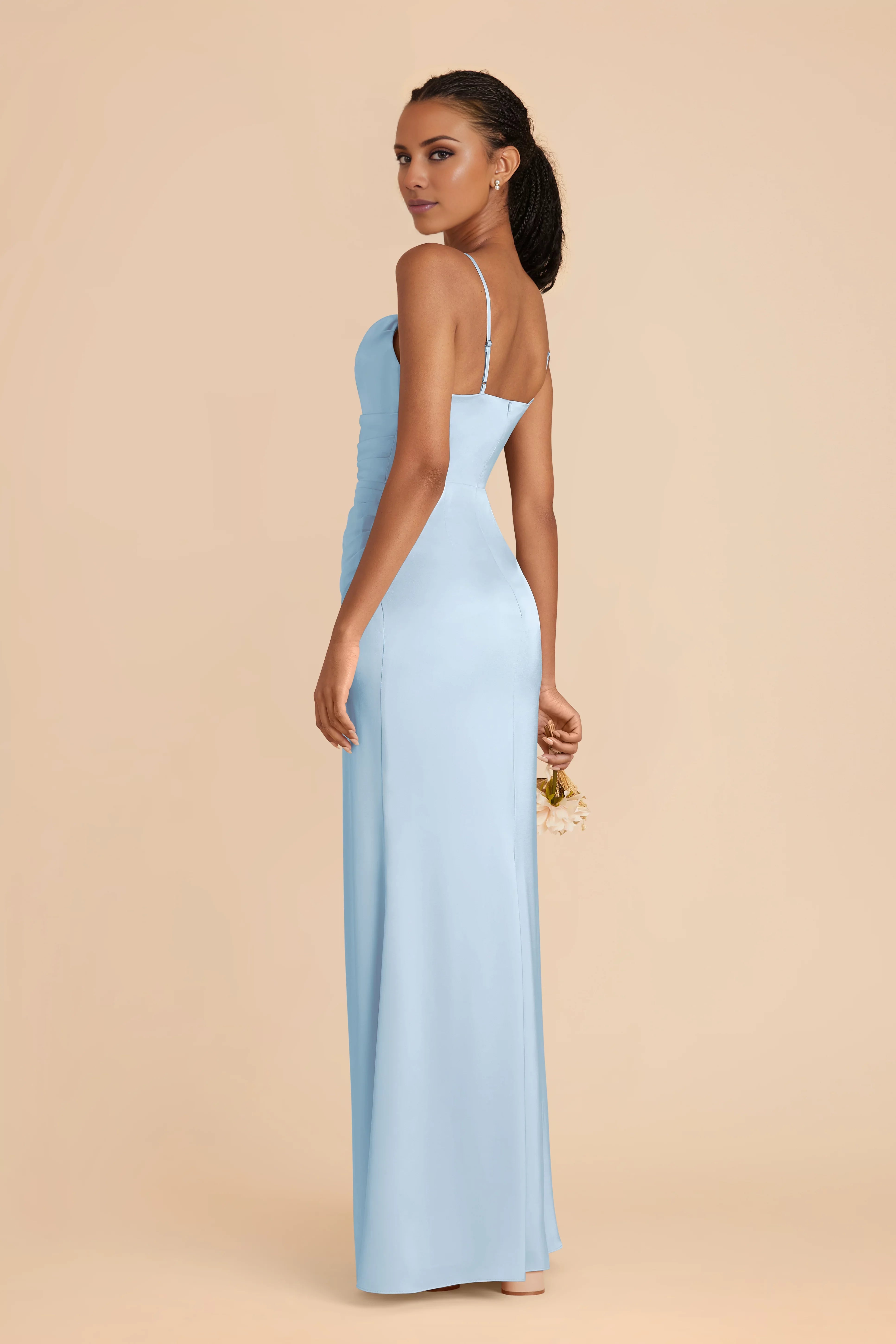 Streamlined Square Neck Sky Blue Sleeveless Satin Ruched Maxi Bridesmaid  Dress