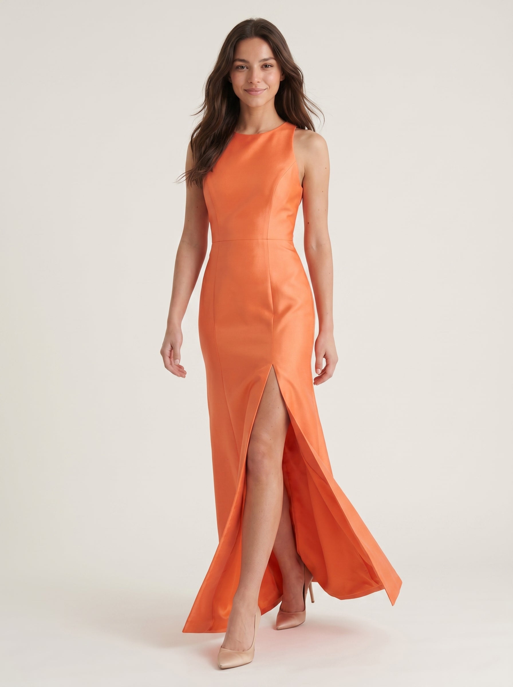 Striking Orange Satin Trumpet Scoop Neck Keyhole Back Floor-Length Bridesmaid Dress with Bow