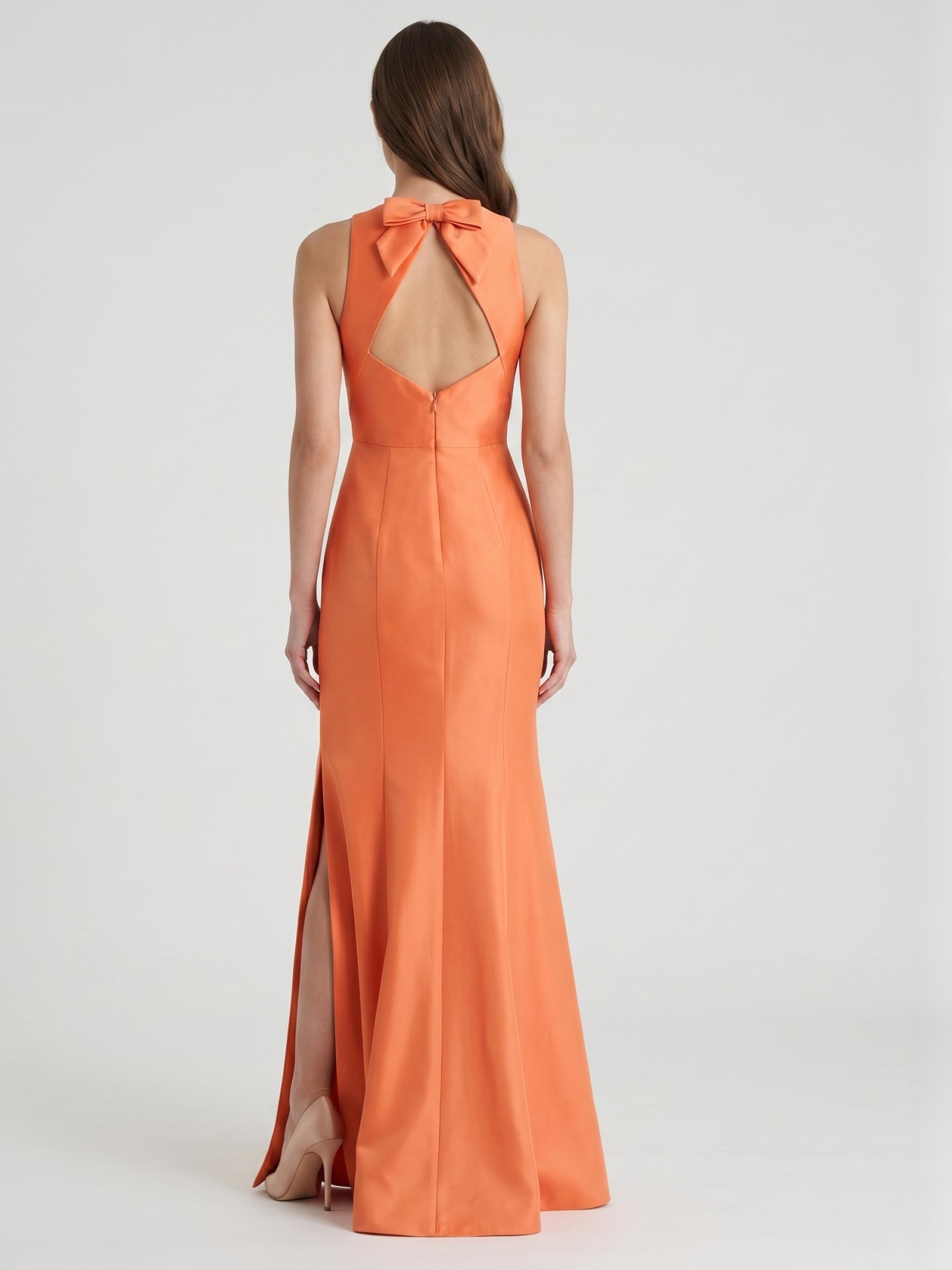 Striking Orange Satin Trumpet Scoop Neck Keyhole Back Floor-Length Bridesmaid Dress with Bow