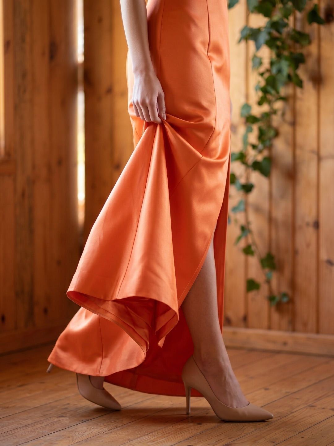 Striking Orange Satin Trumpet Scoop Neck Keyhole Back Floor-Length Bridesmaid Dress with Bow