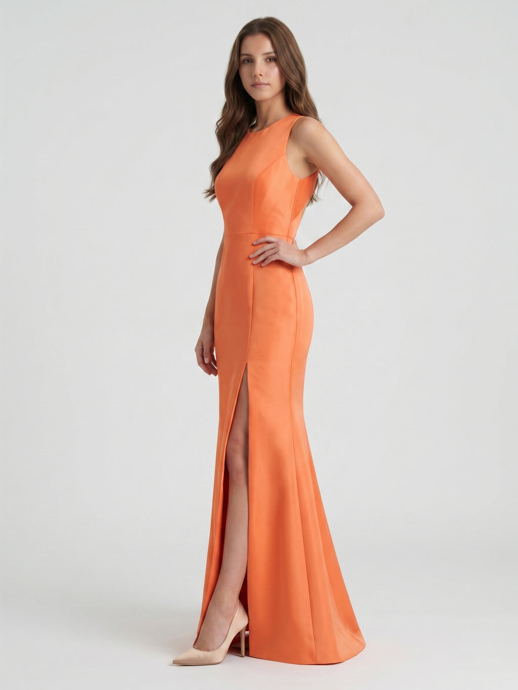 Striking Orange Satin Trumpet Scoop Neck Keyhole Back Floor-Length Bridesmaid Dress with Bow