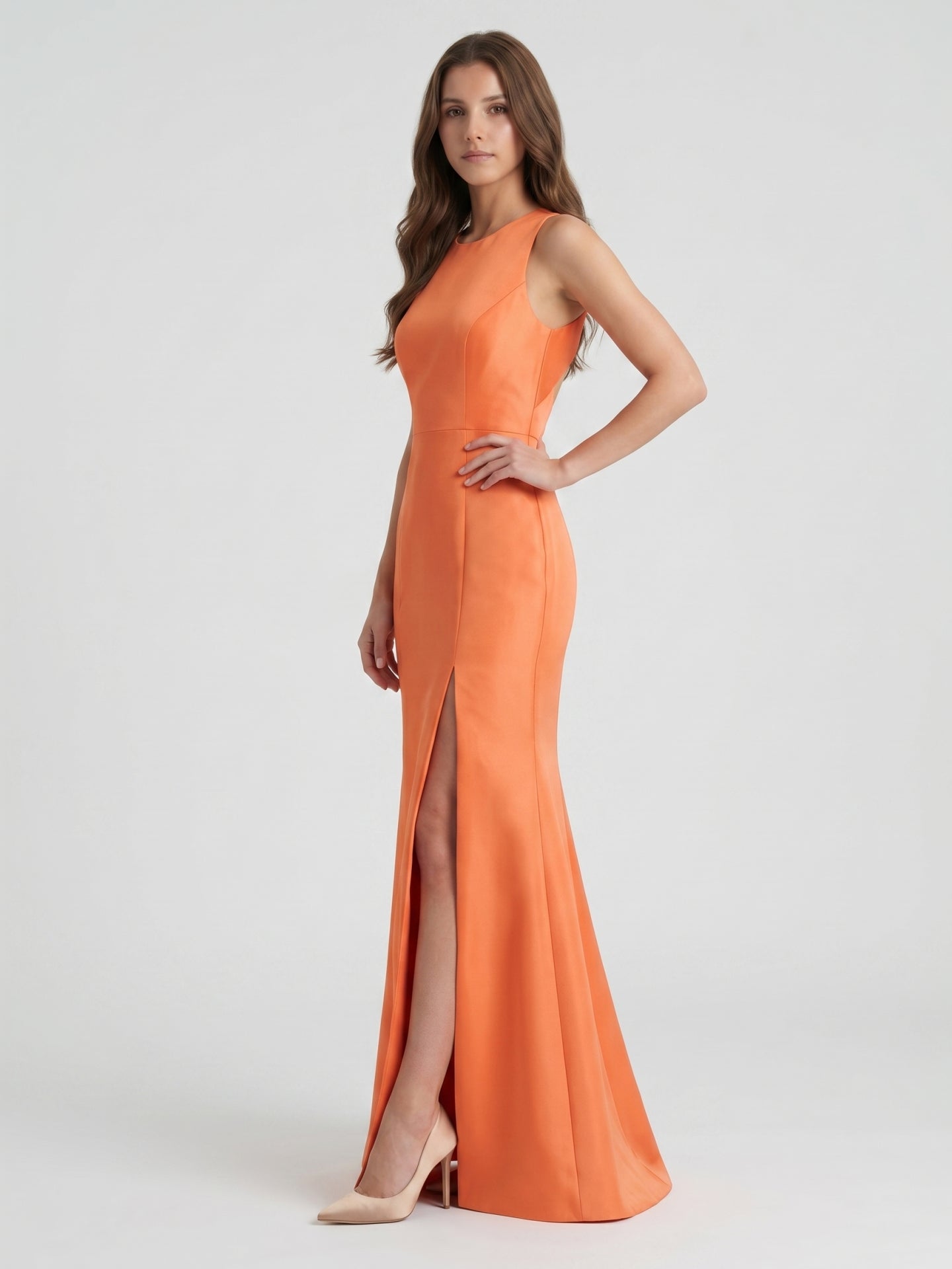 Striking Orange Satin Trumpet Scoop Neck Keyhole Back Floor-Length Bridesmaid Dress with Bow