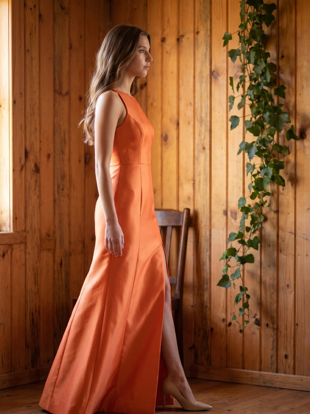 Striking Orange Satin Trumpet Scoop Neck Keyhole Back Floor-Length Bridesmaid Dress with Bow