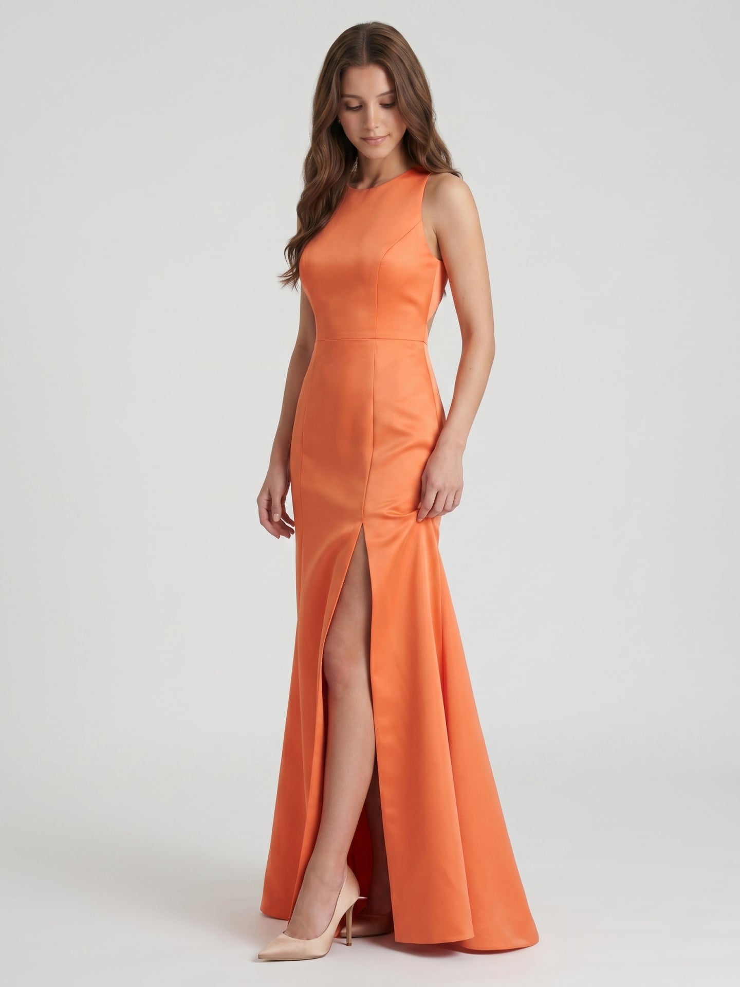Striking Orange Satin Trumpet Scoop Neck Keyhole Back Floor-Length Bridesmaid Dress with Bow
