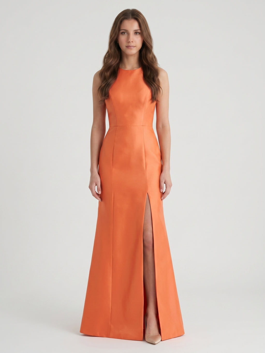 Striking Orange Satin Trumpet Scoop Neck Keyhole Back Floor-Length Bridesmaid Dress with Bow