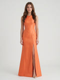 Striking Orange Satin Trumpet Scoop Neck Keyhole Back Floor-Length Bridesmaid Dress with Bow
