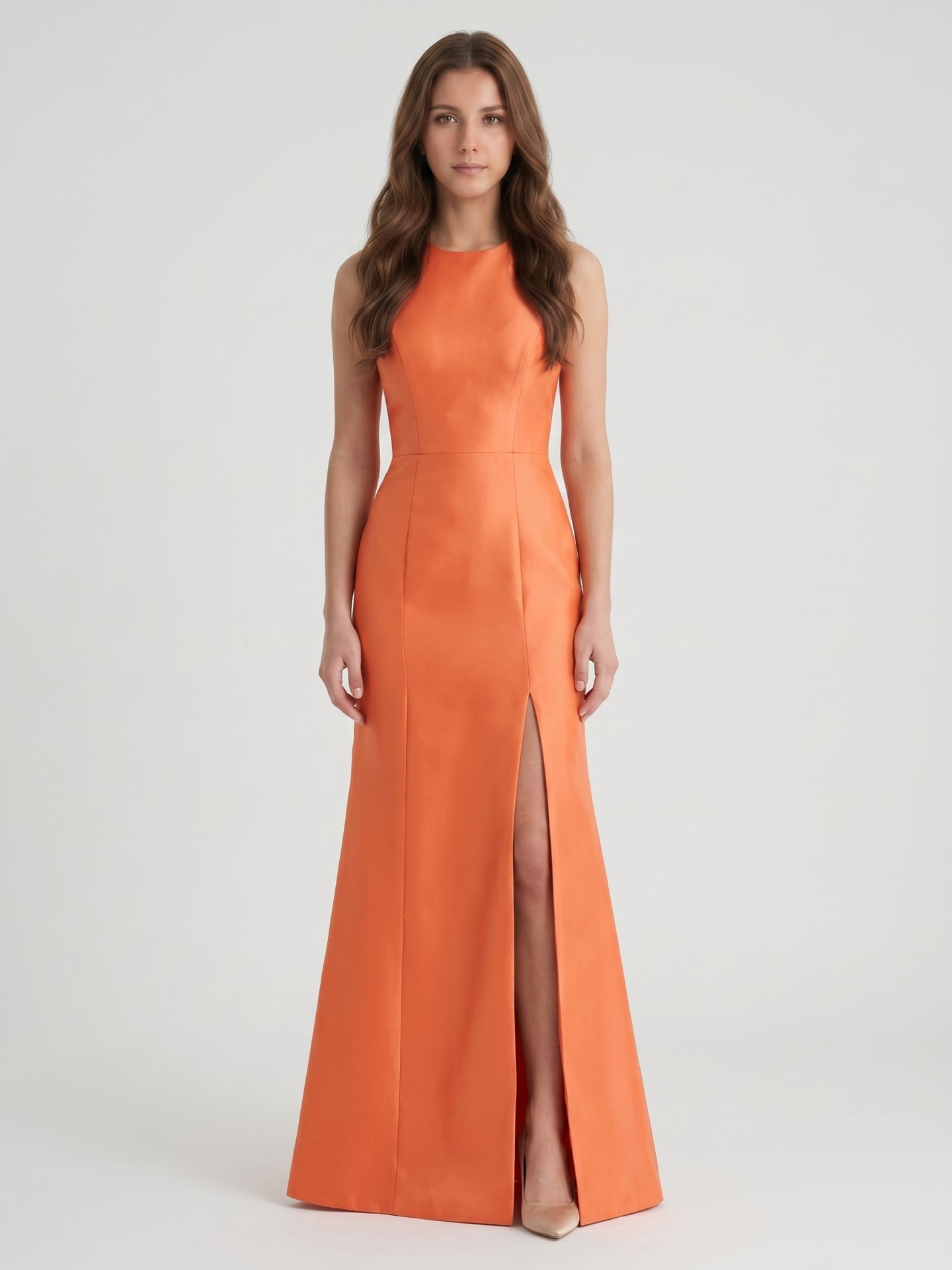 Striking Orange Satin Trumpet Scoop Neck Keyhole Back Floor-Length Bridesmaid Dress with Bow