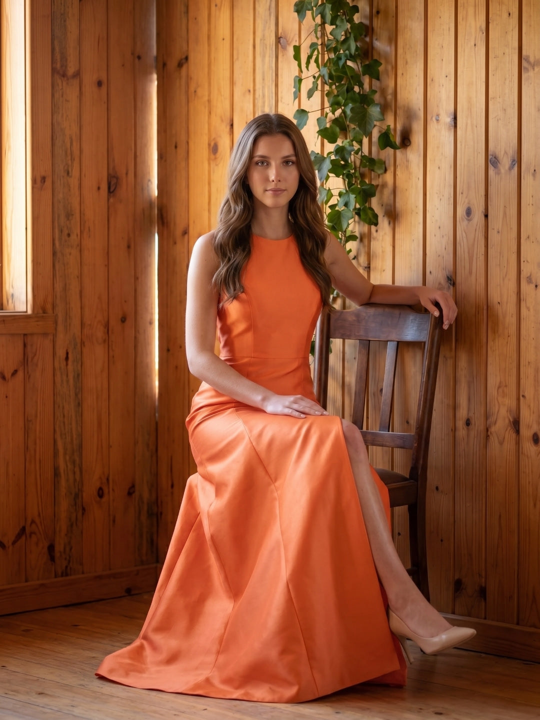 Striking Orange Satin Trumpet Scoop Neck Keyhole Back Floor-Length Bridesmaid Dress with Bow