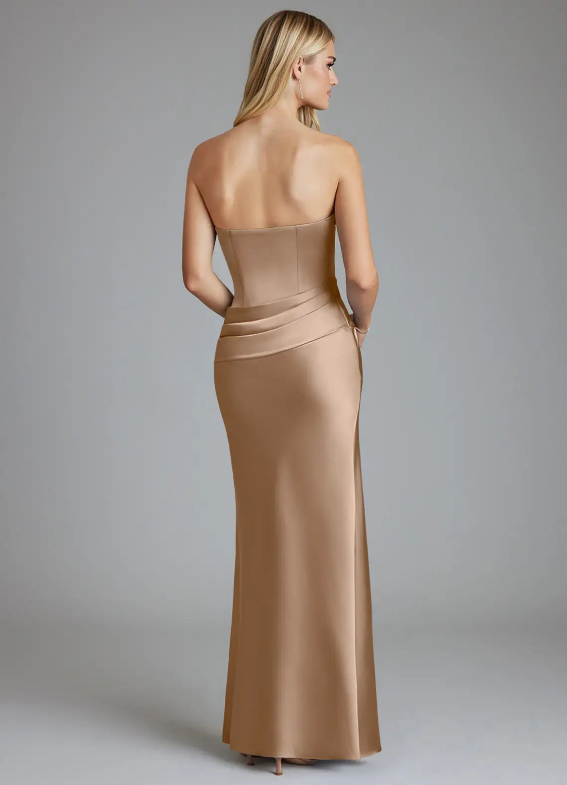 Structured Satin Bridesmaid Dress with Strapless Neck, Ruched Waist and Mermaid Silhouette