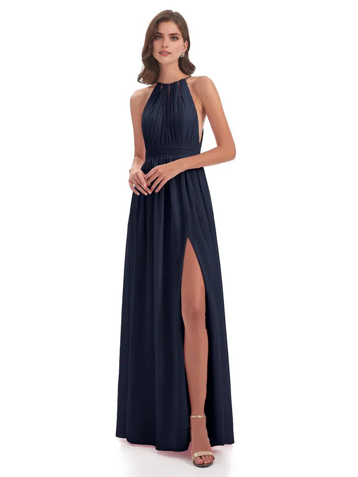 Stylish A-Line Halter Neck Sleeveless Chiffon Pleated Floor-Length Bridesmaid Dress