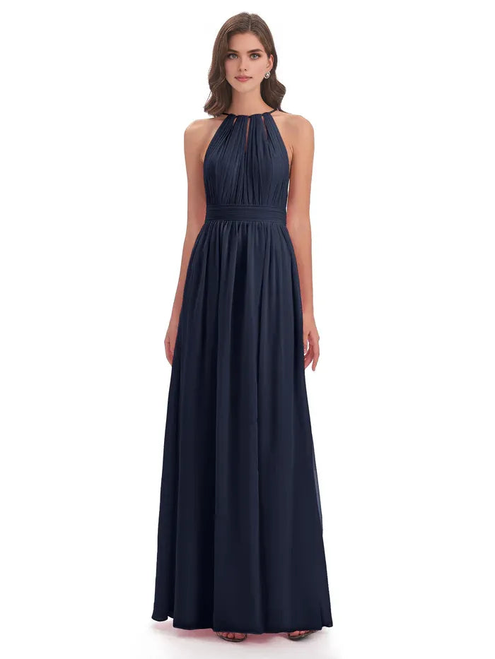 Stylish A-Line Halter Neck Sleeveless Chiffon Pleated Floor-Length Bridesmaid Dress