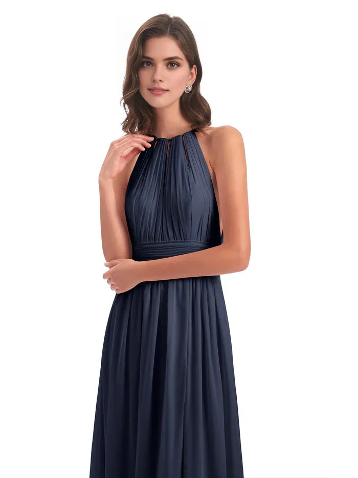 Stylish A-Line Halter Neck Sleeveless Chiffon Pleated Floor-Length Bridesmaid Dress