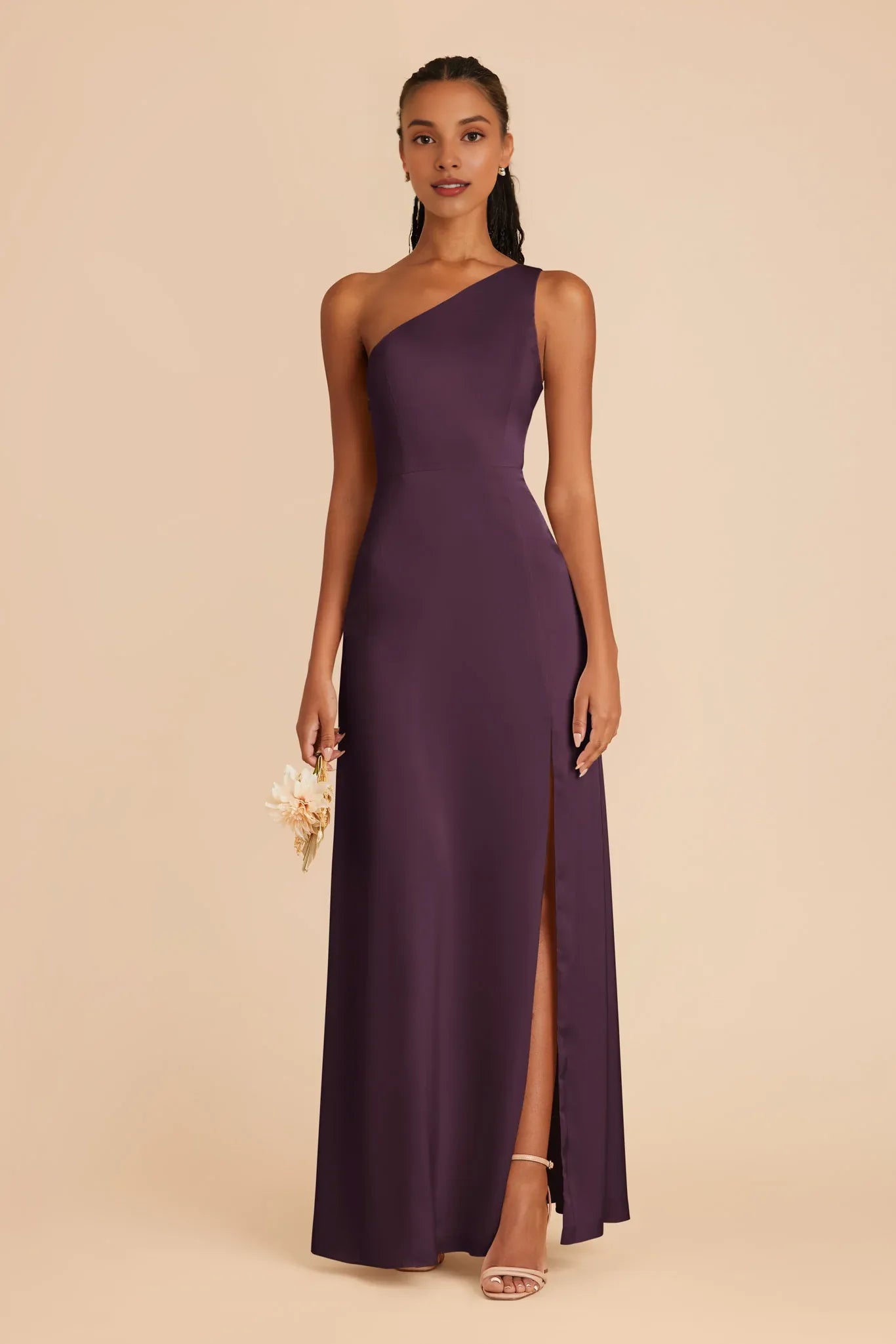 Stylish Plum One Shoulder Sleeveless Satin Maxi Bridesmaid Dress