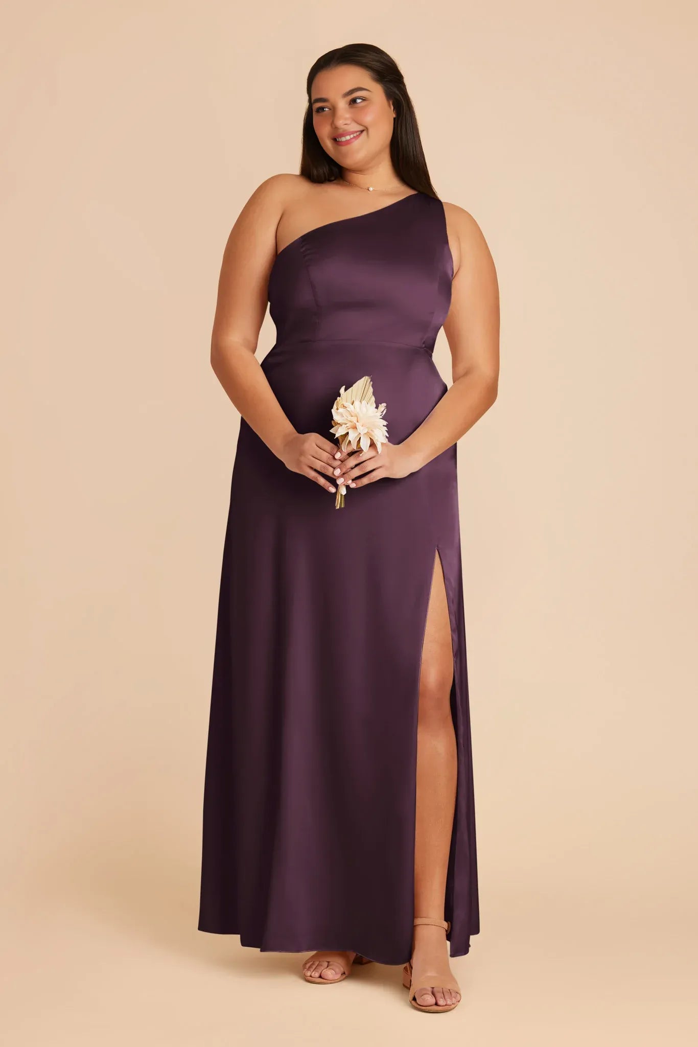 Stylish Plum One Shoulder Sleeveless Satin Maxi Bridesmaid Dress