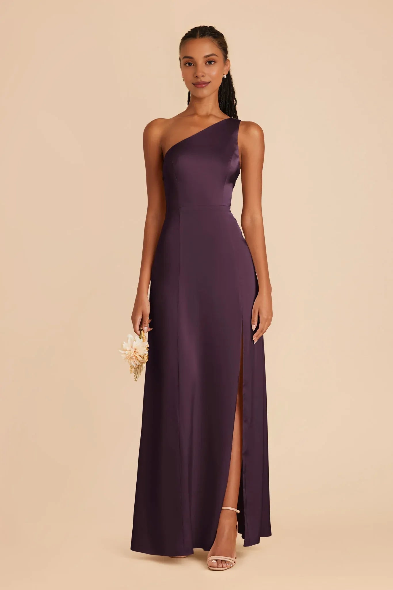 Stylish Plum One Shoulder Sleeveless Satin Maxi Bridesmaid Dress