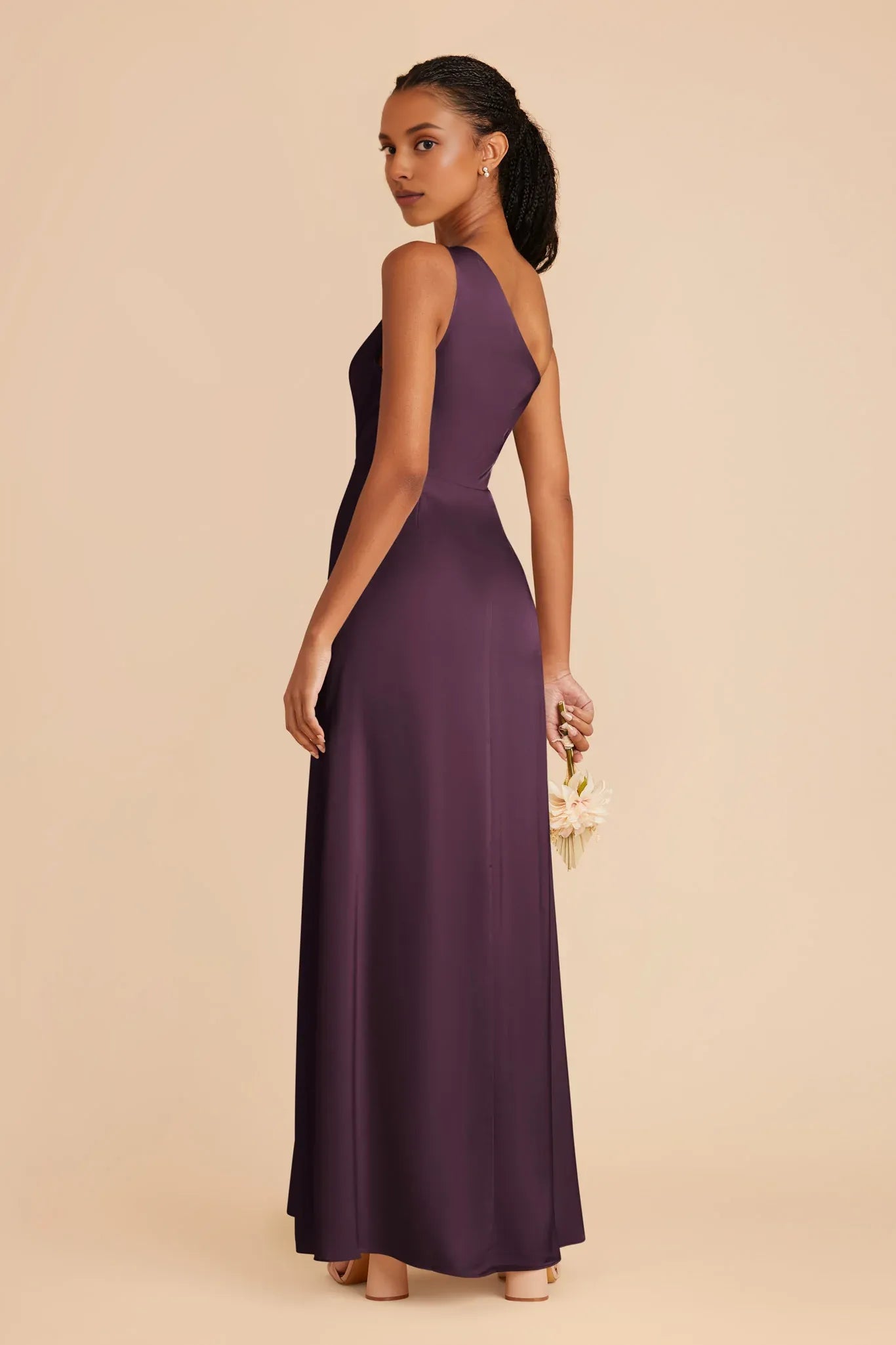 Stylish Plum One Shoulder Sleeveless Satin Maxi Bridesmaid Dress