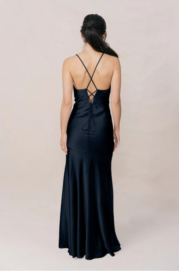 Sultry Cowl Neck Criss-Cross Back Satin Mermaid Bridesmaid Dress with High Side Slit