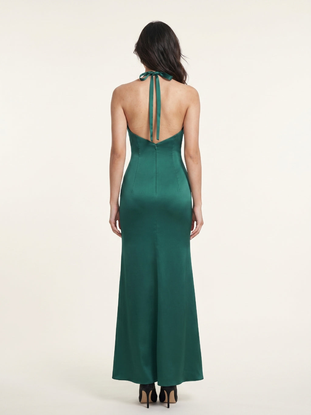 Sultry Peacock Satin Sheath Halter Backless Floor-Length Bridesmaid Dress with Pleated Bodice