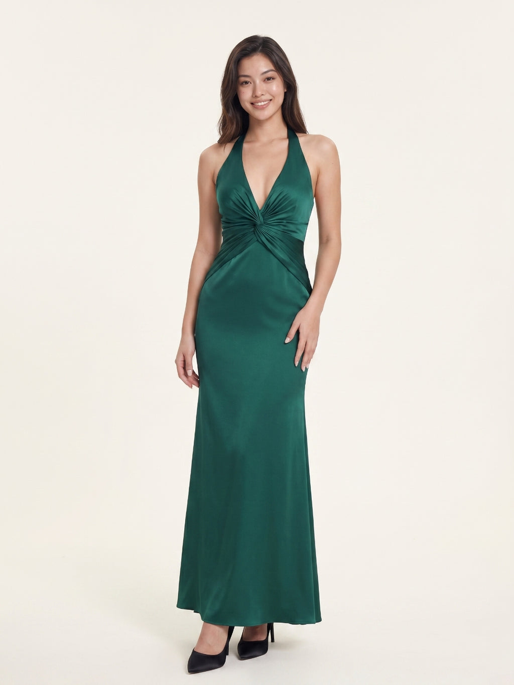 Sultry Peacock Satin Sheath Halter Backless Floor-Length Bridesmaid Dress with Pleated Bodice