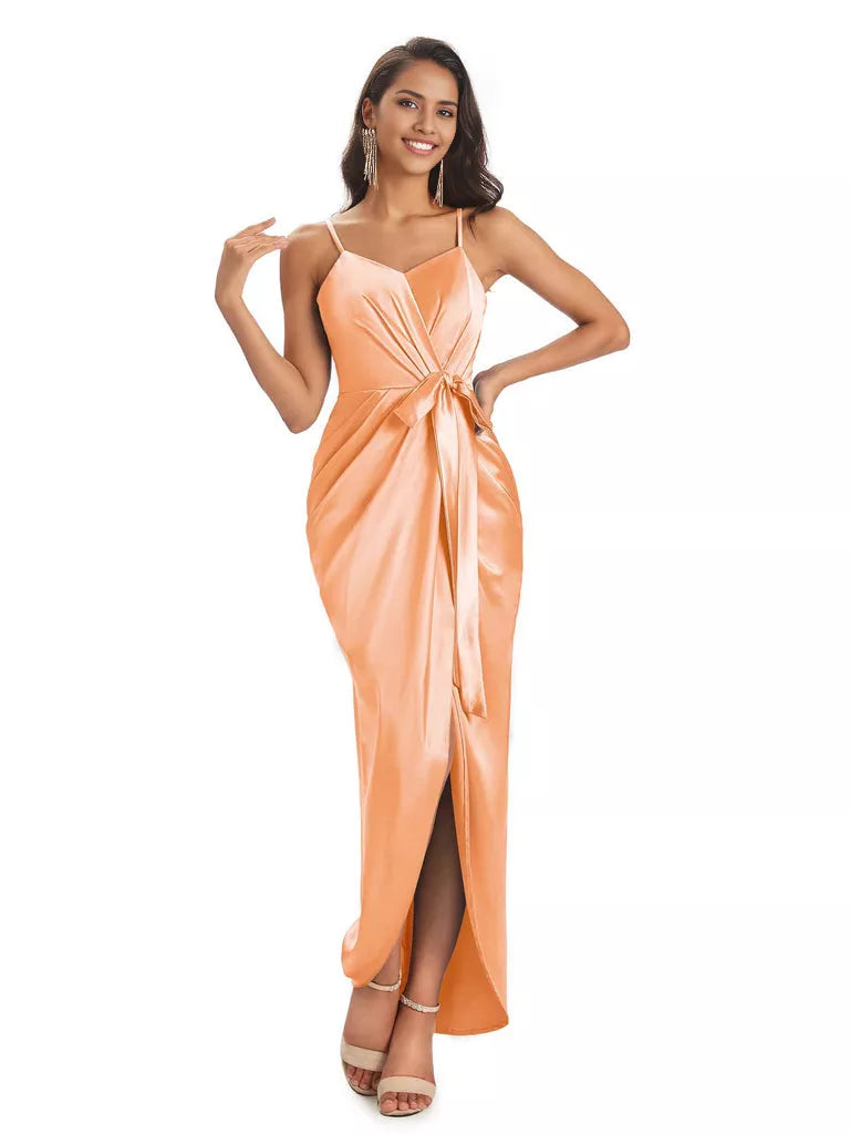 High Low Spaghetti Straps V-neck Mermaid Asymmetrical Soft Satin Bridesmaid Dresses