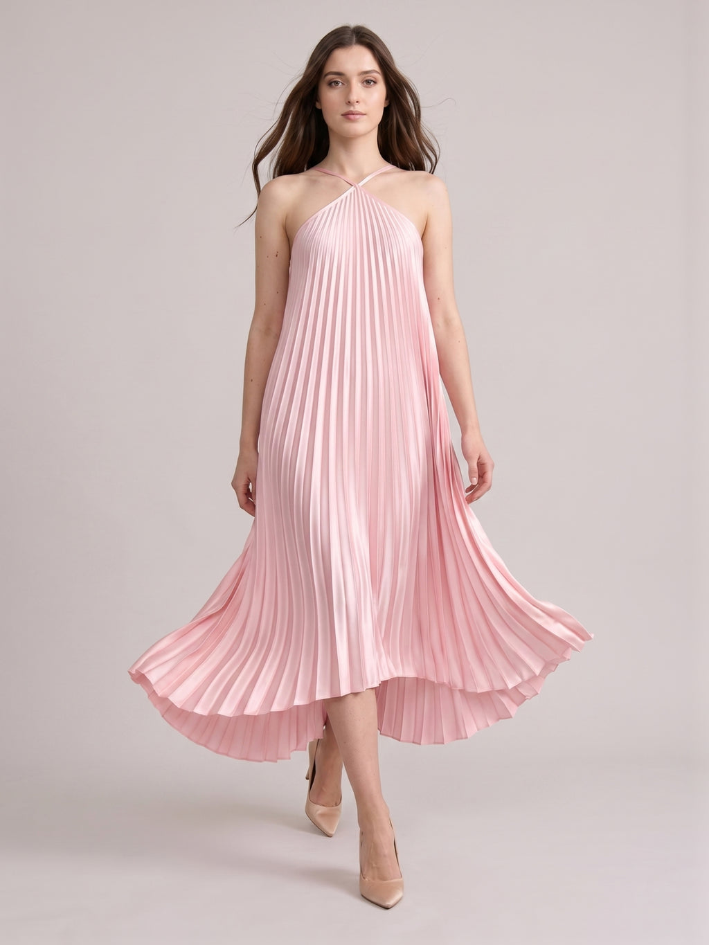 Sweet Blushing Pink Satin A-Line Halter Neckline Backless  Bridesmaid Dress