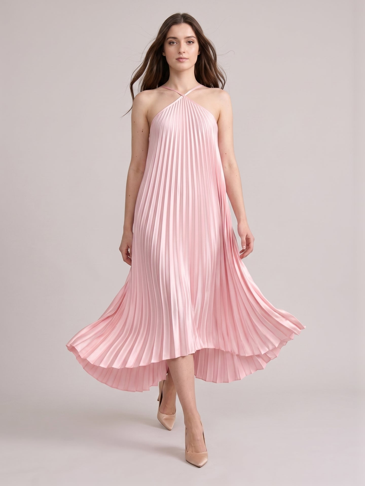 Sweet Blushing Pink Satin A-Line Halter Neckline Backless  Bridesmaid Dress