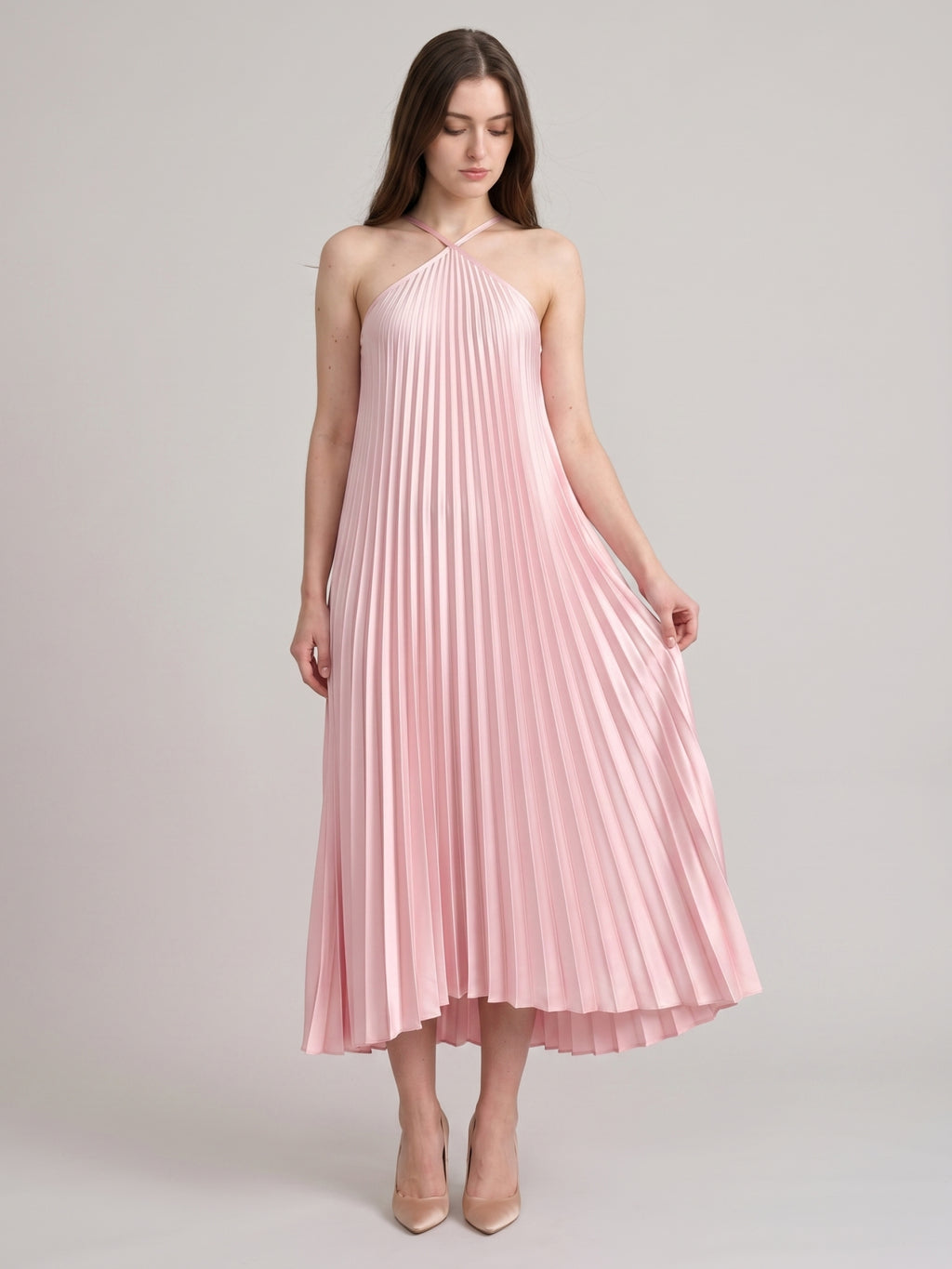 Sweet Blushing Pink Satin A-Line Halter Neckline Backless  Bridesmaid Dress