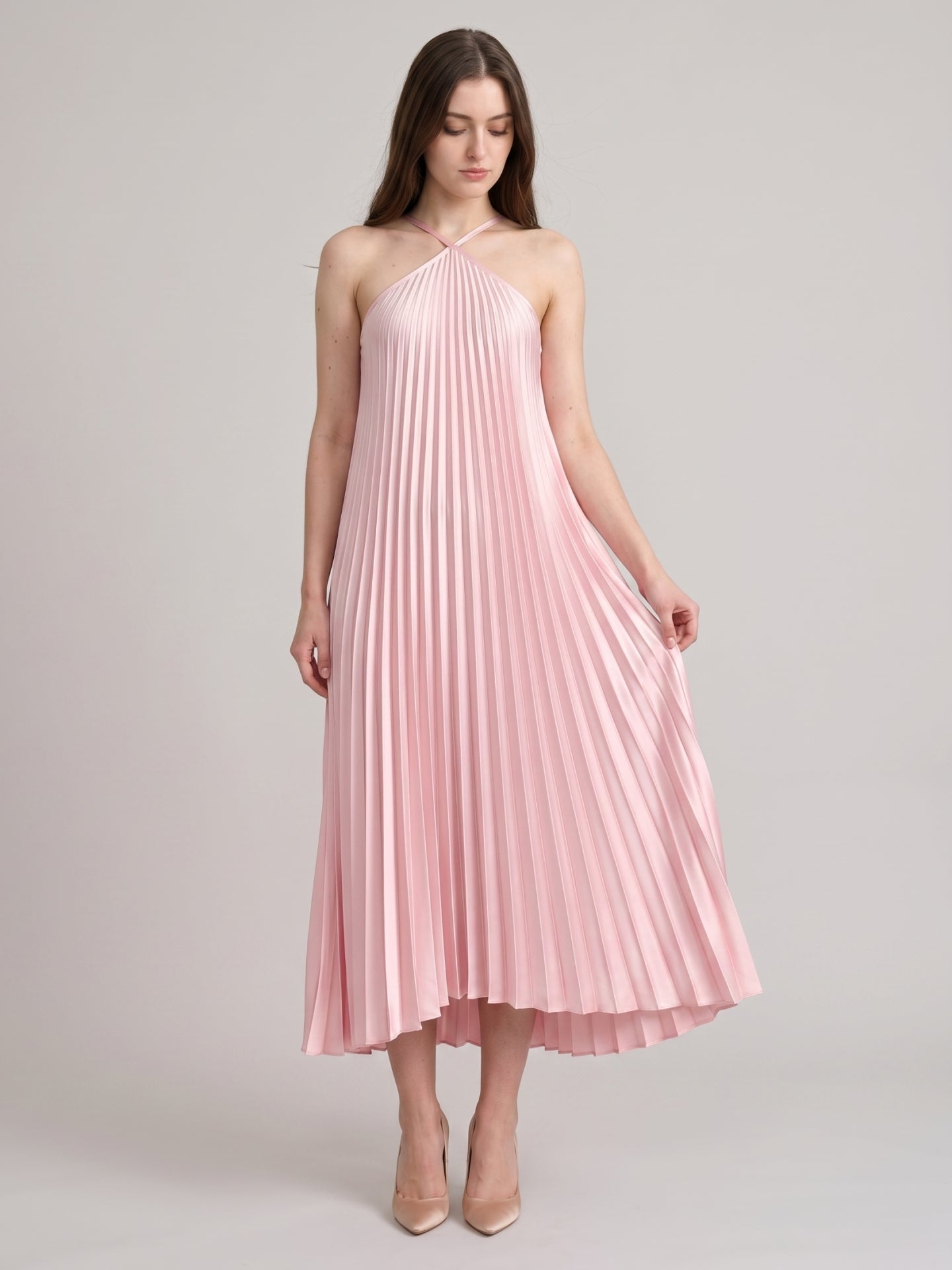 Sweet Blushing Pink Satin A-Line Halter Neckline Backless  Bridesmaid Dress