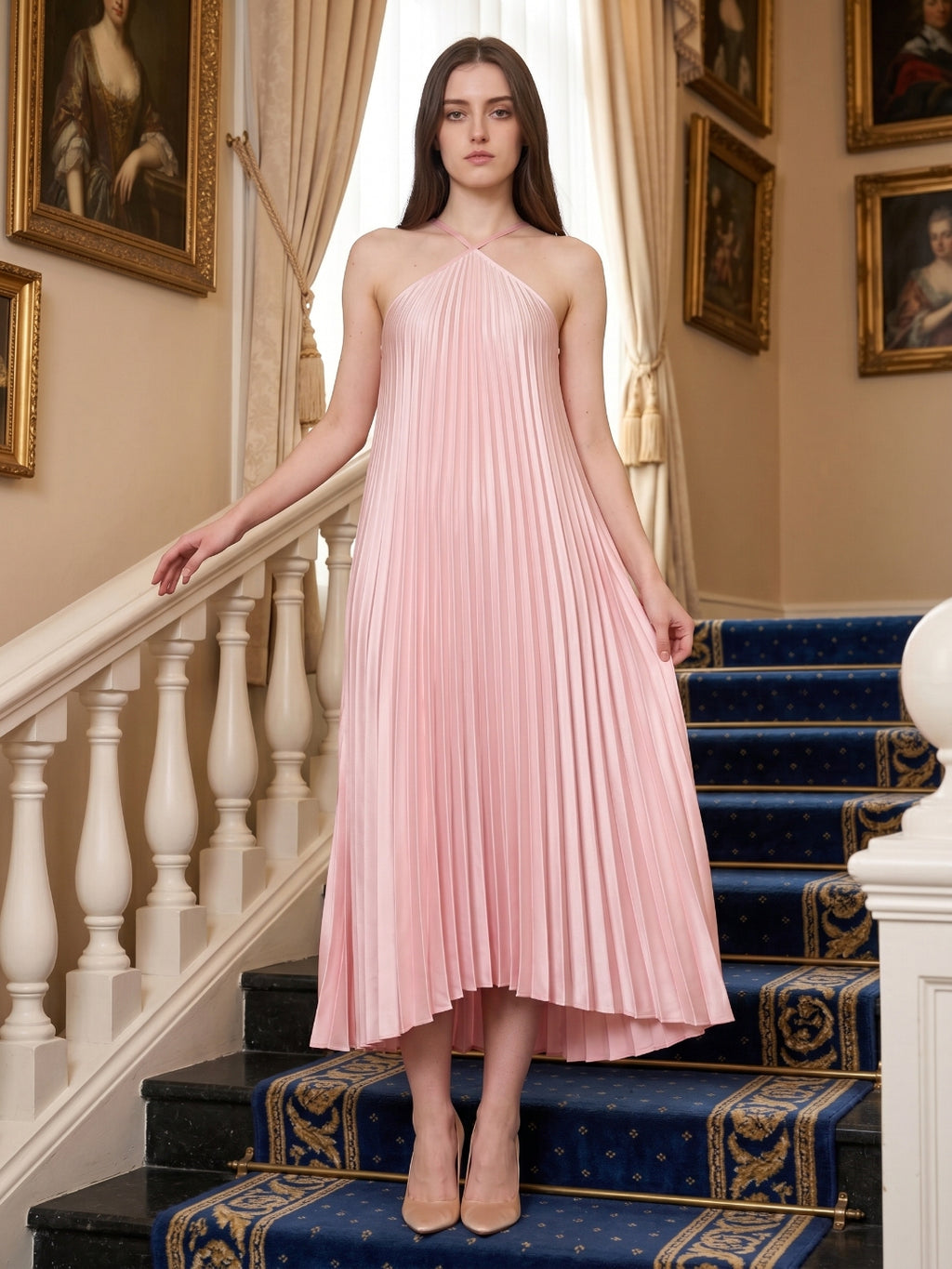 Sweet Blushing Pink Satin A-Line Halter Neckline Backless  Bridesmaid Dress