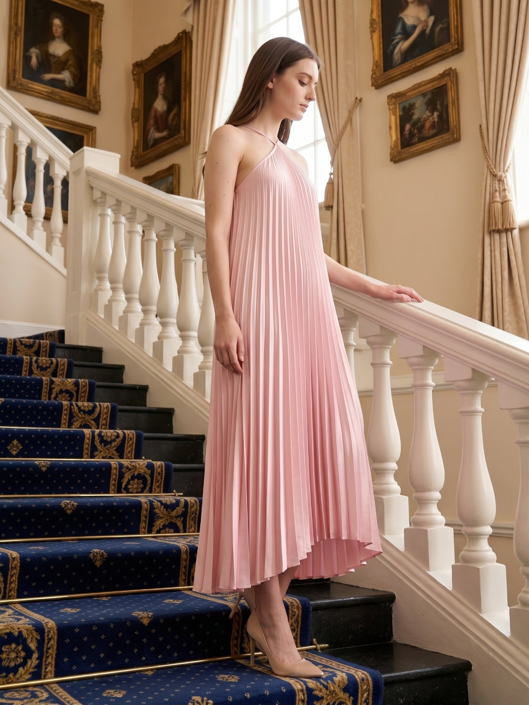 Sweet Blushing Pink Satin A-Line Halter Neckline Backless  Bridesmaid Dress
