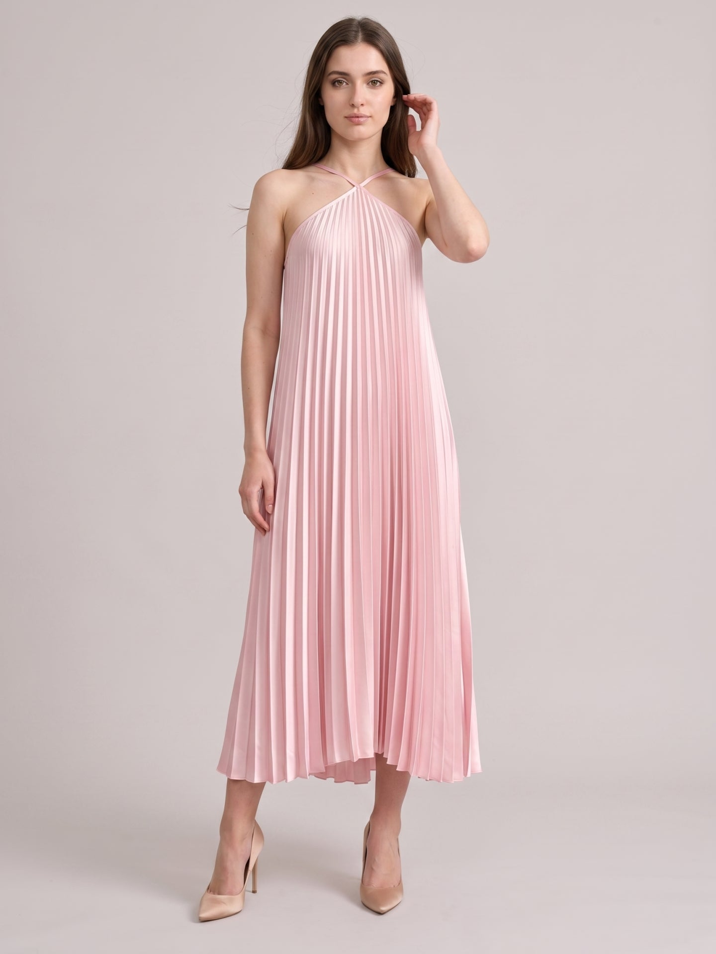 Sweet Blushing Pink Satin A-Line Halter Neckline Backless  Bridesmaid Dress