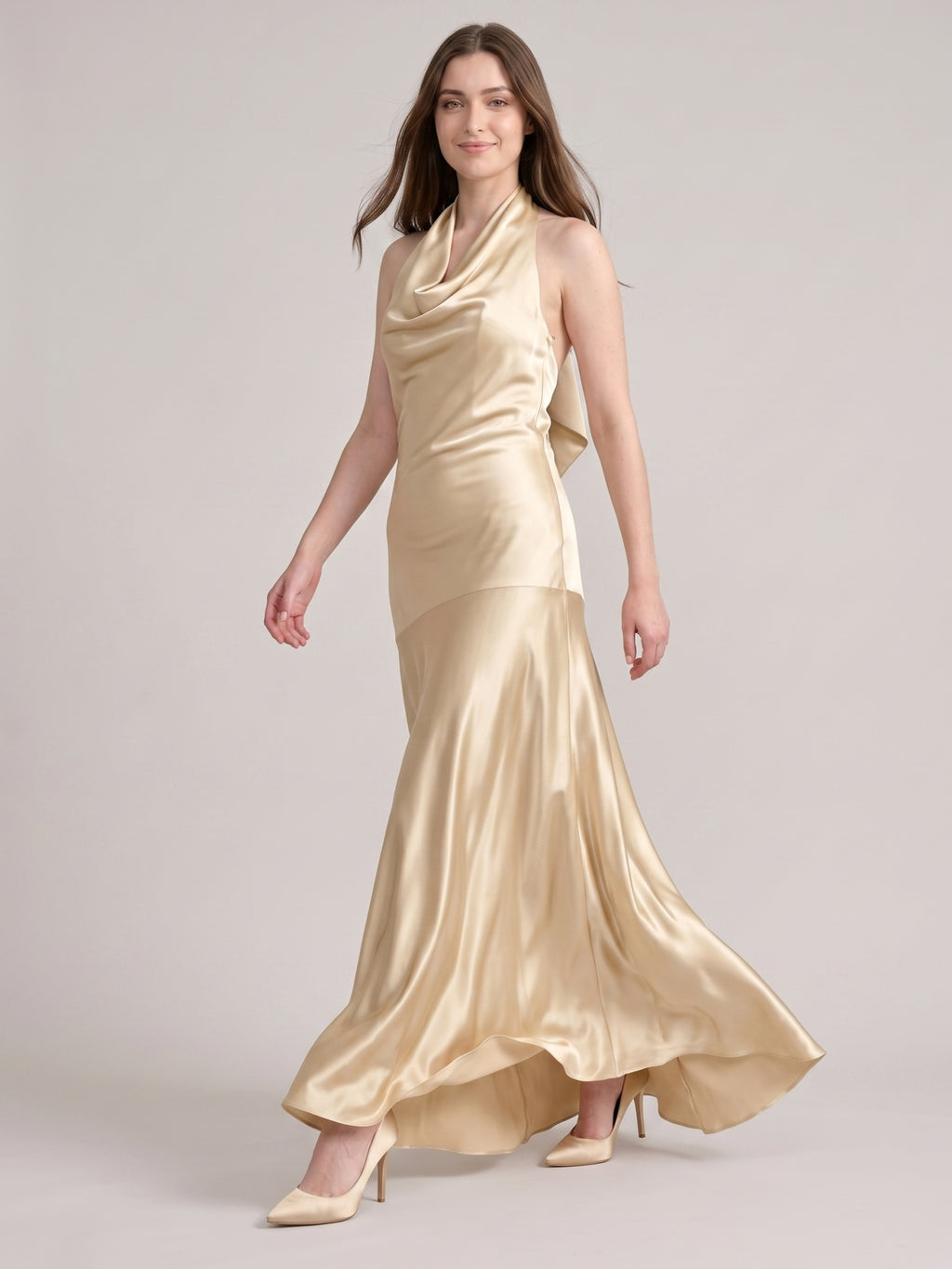 Sweet Champagne Satin Trumpet Square Neck Backless 3D FlowerDetail Bridesmaid Dress