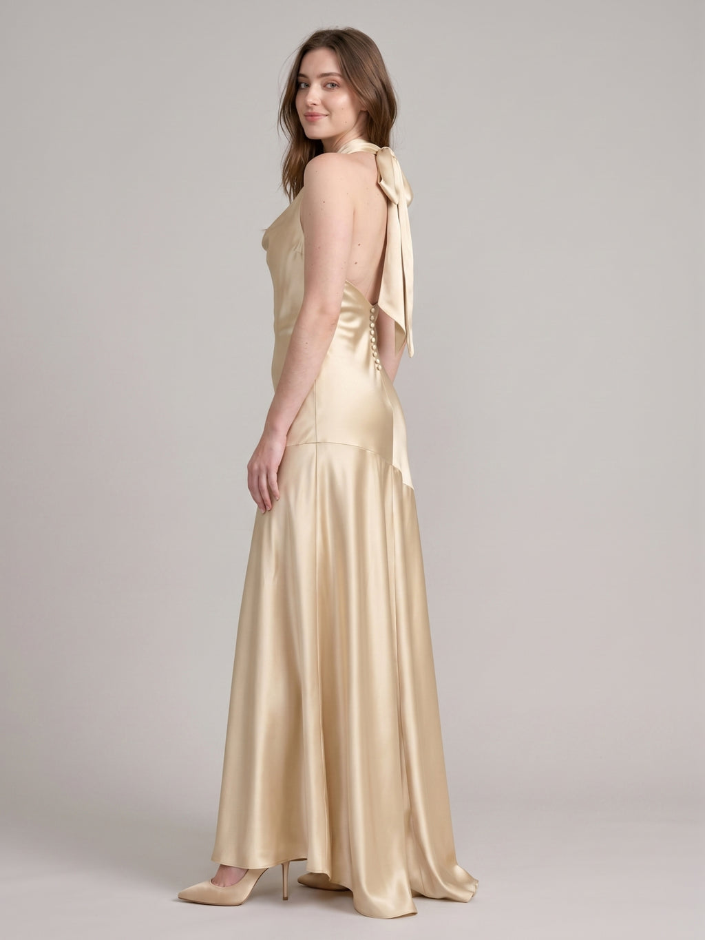 Sweet Champagne Satin Trumpet Square Neck Backless 3D FlowerDetail Bridesmaid Dress