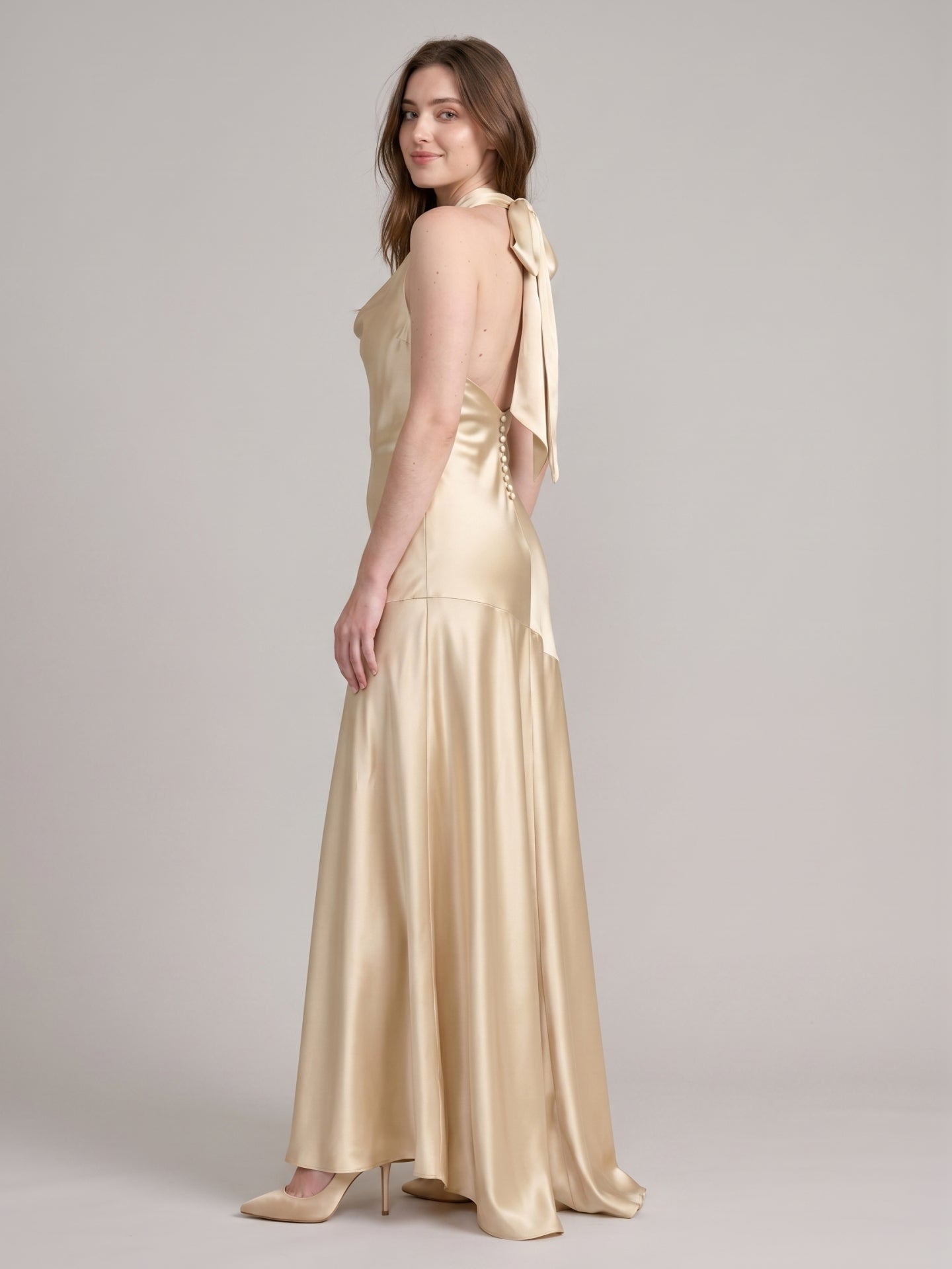 Sweet Champagne Satin Trumpet Square Neck Backless 3D FlowerDetail Bridesmaid Dress