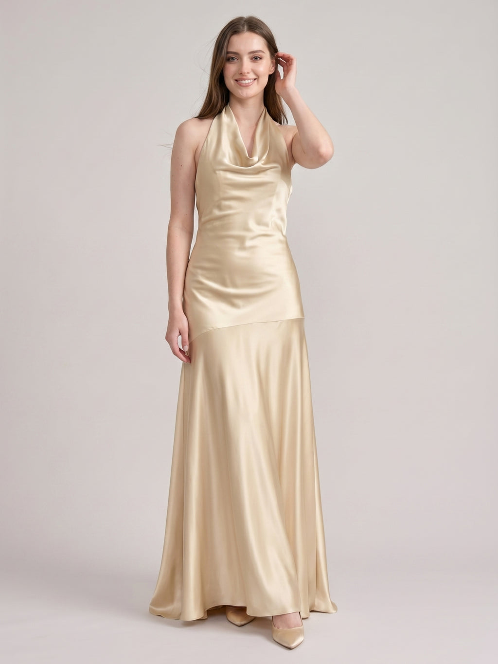 Sweet Champagne Satin Trumpet Square Neck Backless 3D FlowerDetail Bridesmaid Dress