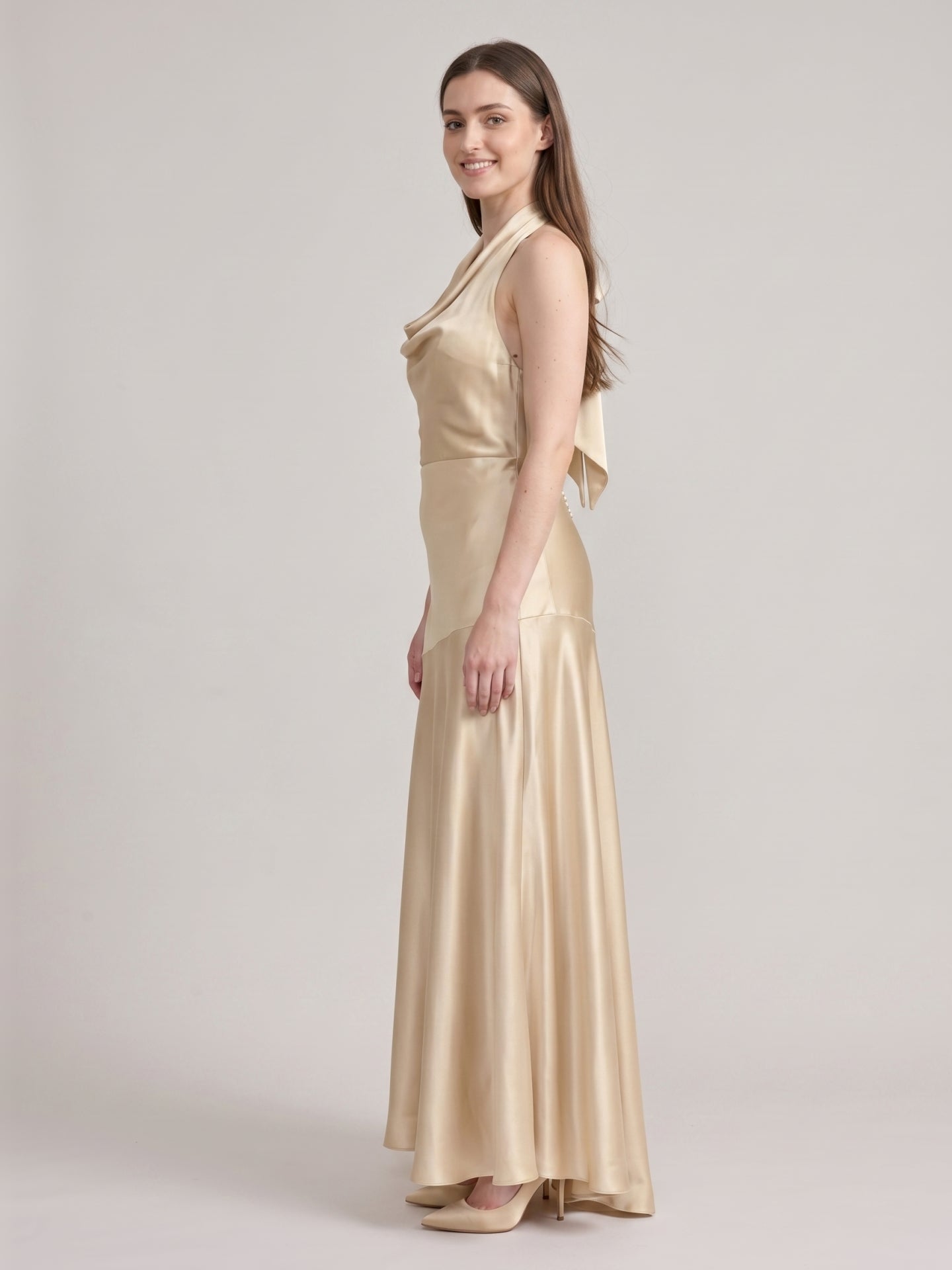 Sweet Champagne Satin Trumpet Square Neck Backless 3D FlowerDetail Bridesmaid Dress