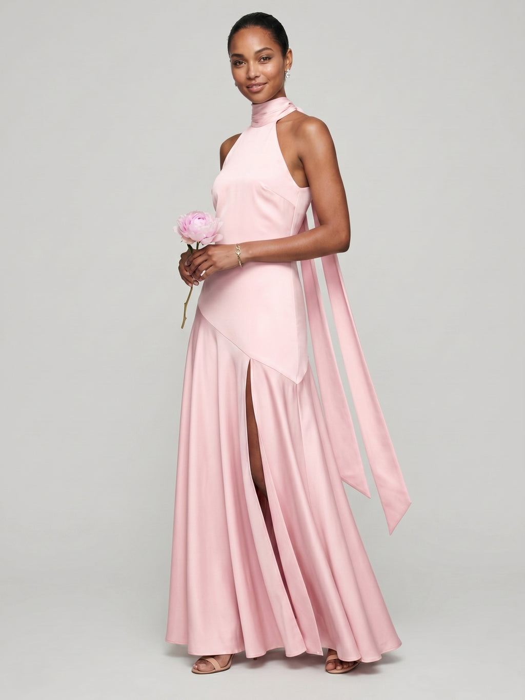 Sweet & Flowy Blushing Pink Satin A-Line Halter neckline Back Zip Ankle-Length Bridesmaid Dress