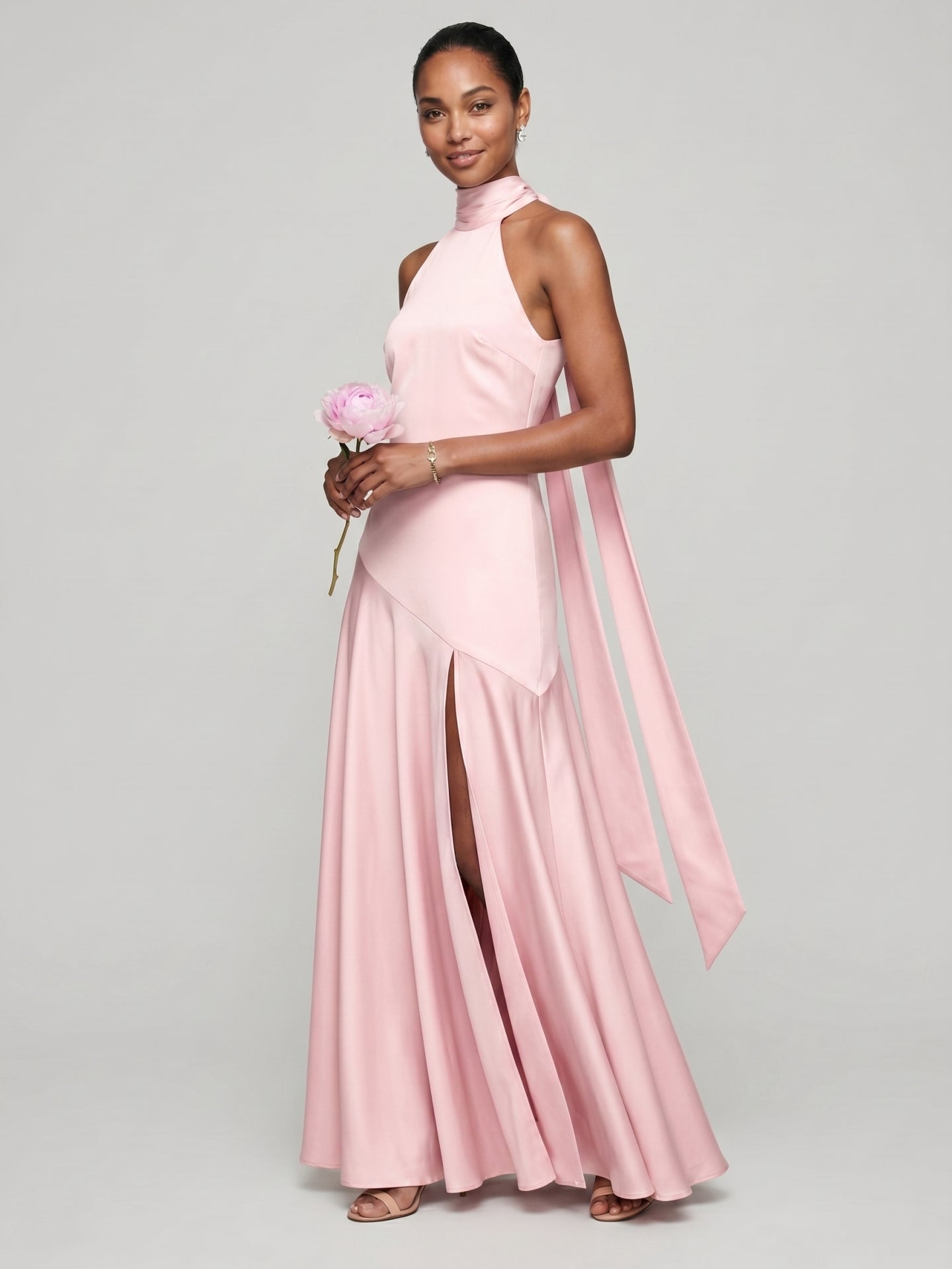 Sweet & Flowy Blushing Pink Satin A-Line Halter neckline Back Zip Ankle-Length Bridesmaid Dress