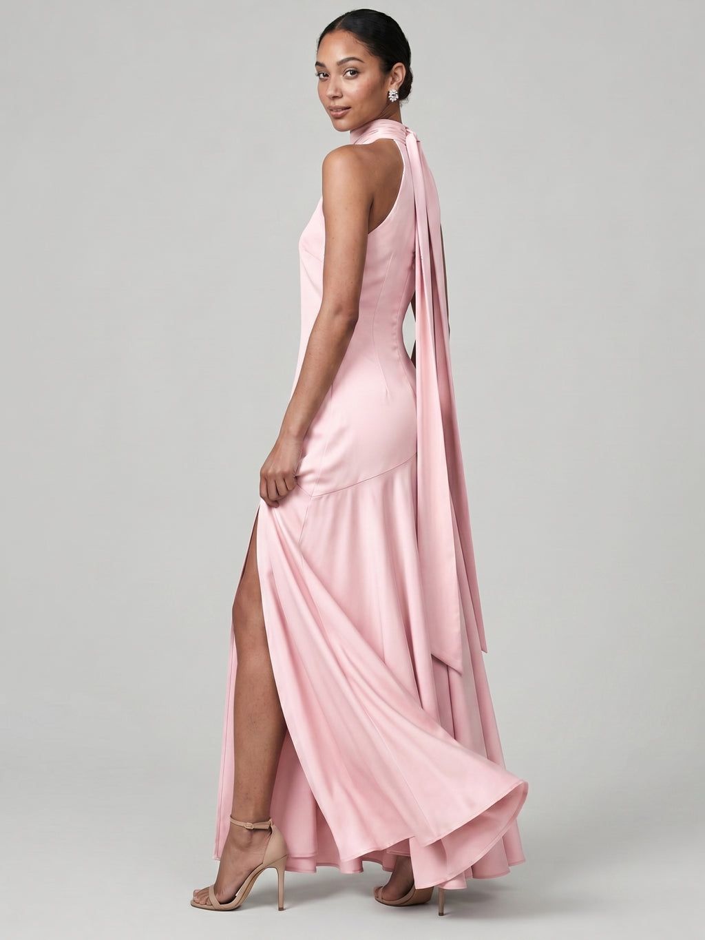 Sweet & Flowy Blushing Pink Satin A-Line Halter neckline Back Zip Ankle-Length Bridesmaid Dress