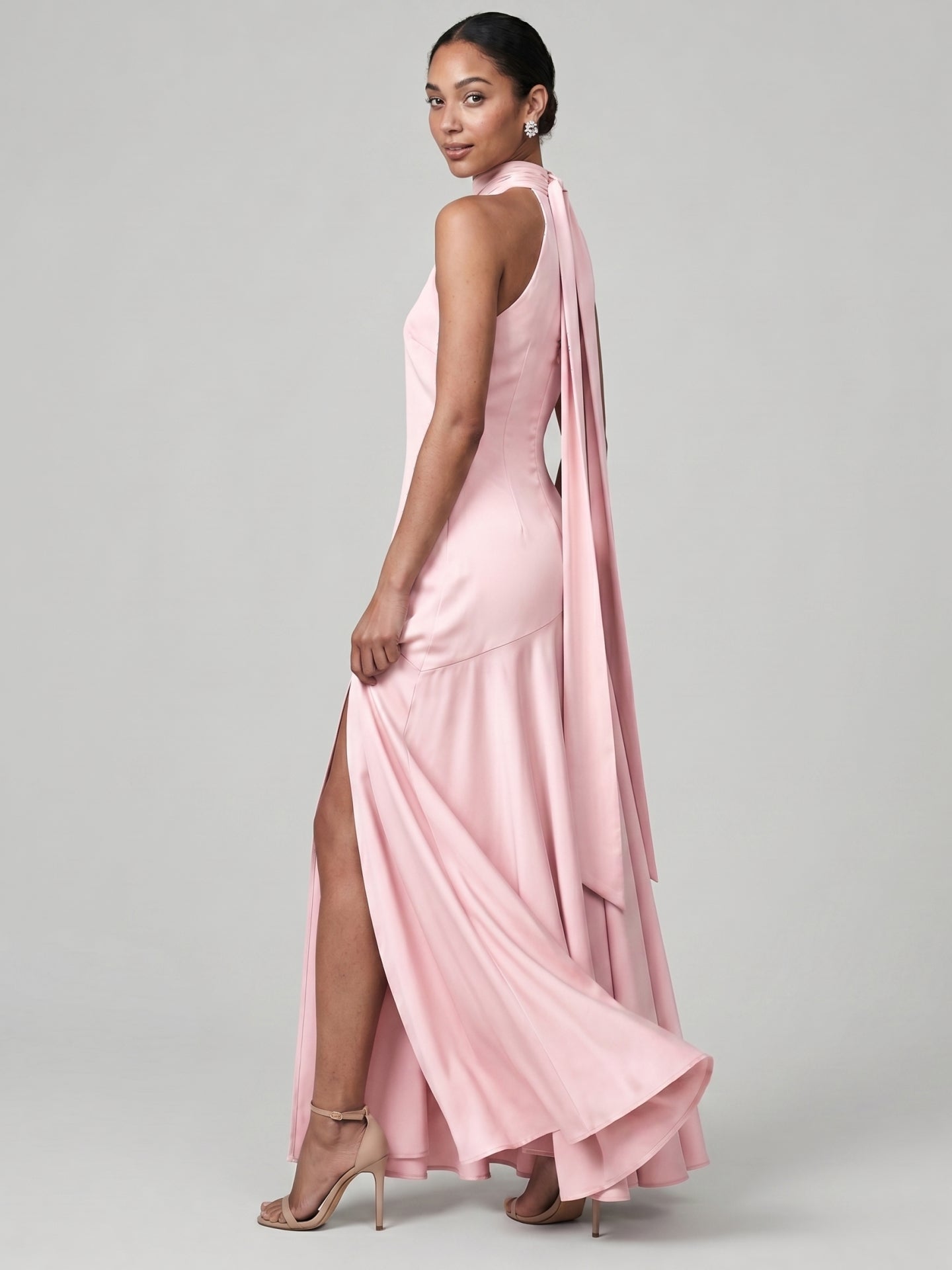 Sweet & Flowy Blushing Pink Satin A-Line Halter neckline Back Zip Ankle-Length Bridesmaid Dress