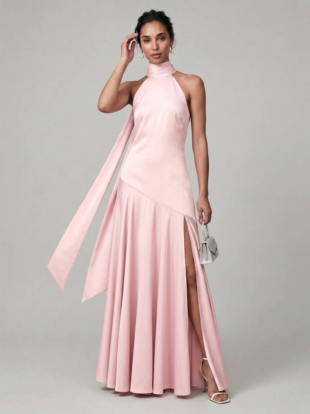 Sweet & Flowy Blushing Pink Satin A-Line Halter neckline Back Zip Ankle-Length Bridesmaid Dress