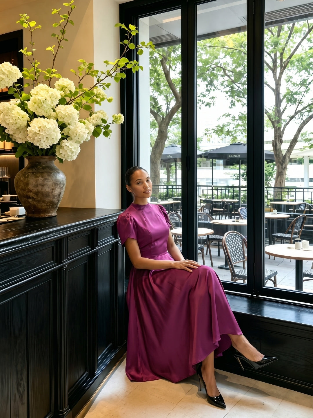 Modest Mulberry Satin A-Line Scoop Neck Back Zip Tea-Length Bridesmaid Dress