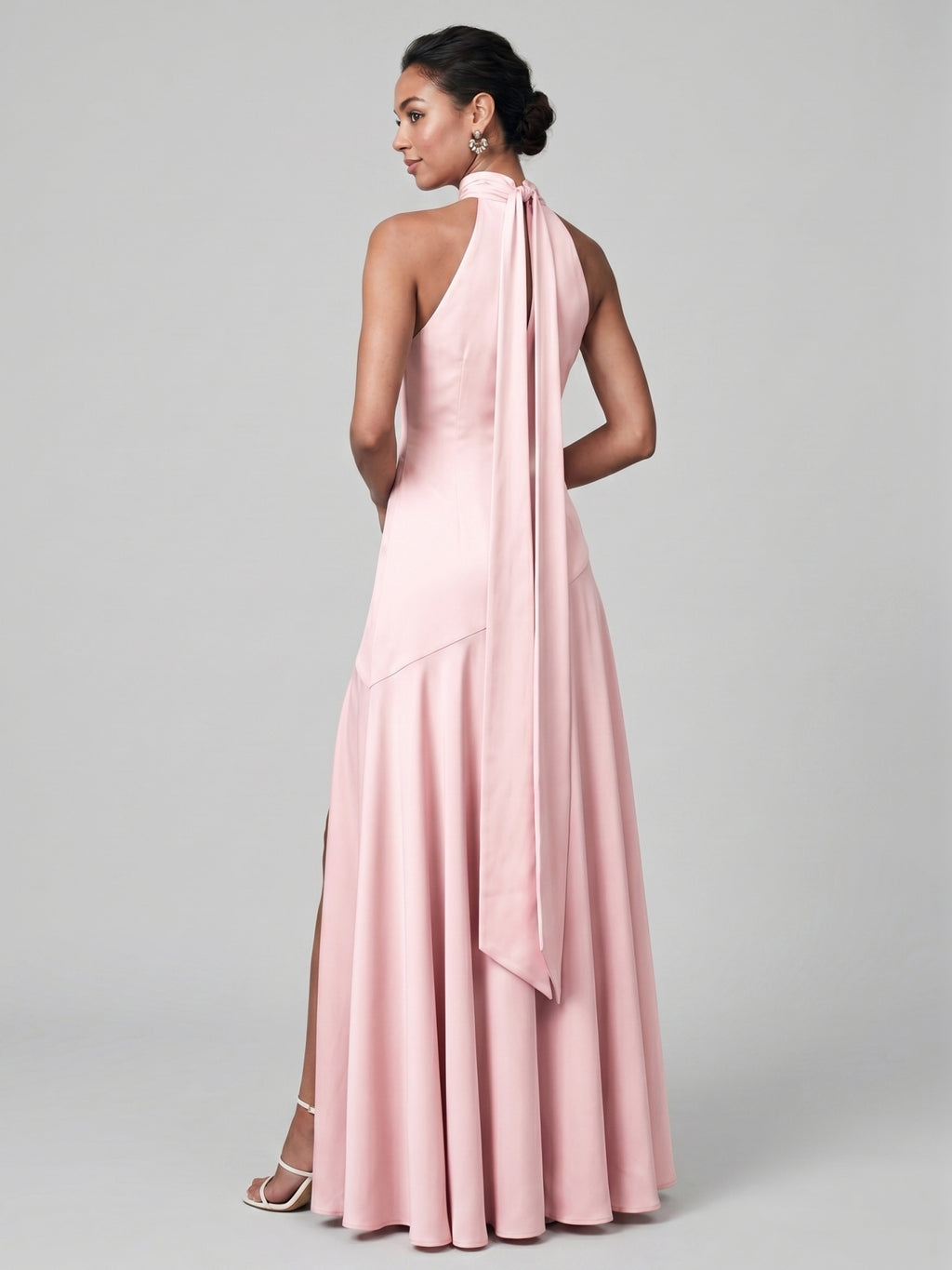 Sweet & Flowy Blushing Pink Satin A-Line Halter neckline Back Zip Ankle-Length Bridesmaid Dress