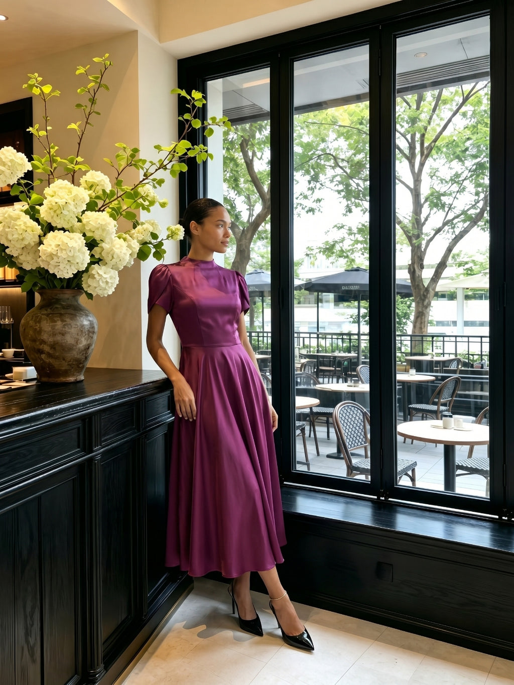 Modest Mulberry Satin A-Line Scoop Neck Back Zip Tea-Length Bridesmaid Dress