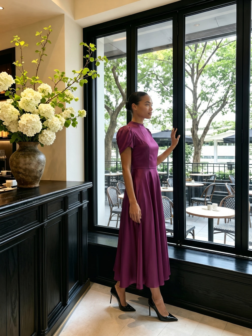 Modest Mulberry Satin A-Line Scoop Neck Back Zip Tea-Length Bridesmaid Dress